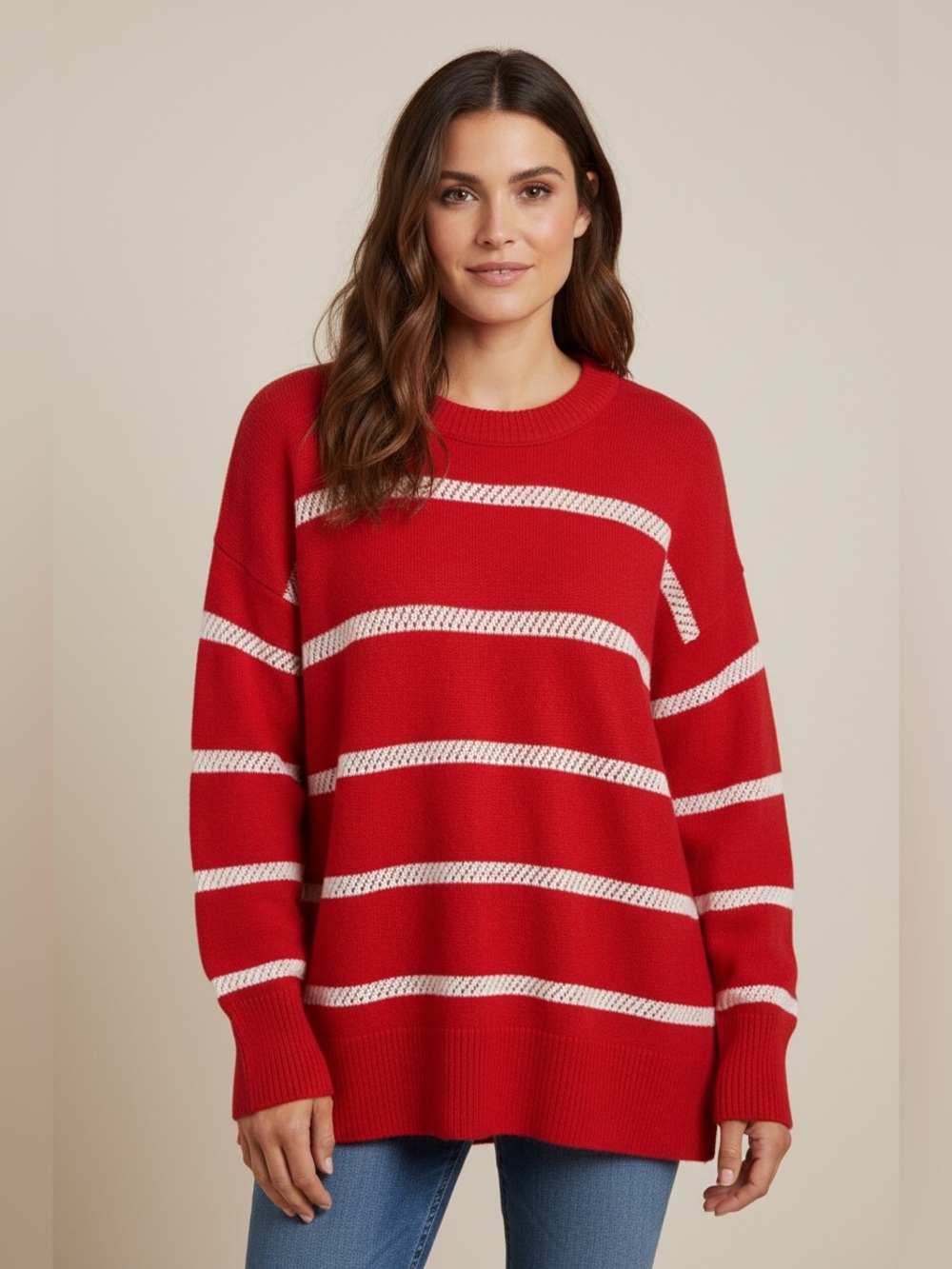 aerie Softest Luxe Red Crewneck Sweater with White Stripes